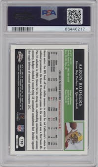 Aaron Rodgers  from the 2005 Topps Chrome set featuring a Refractor parallel graded by PSA and given an overall grade of 8.