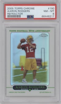 Aaron Rodgers  from the 2005 Topps Chrome set featuring a Refractor parallel graded by PSA and given an overall grade of 8.