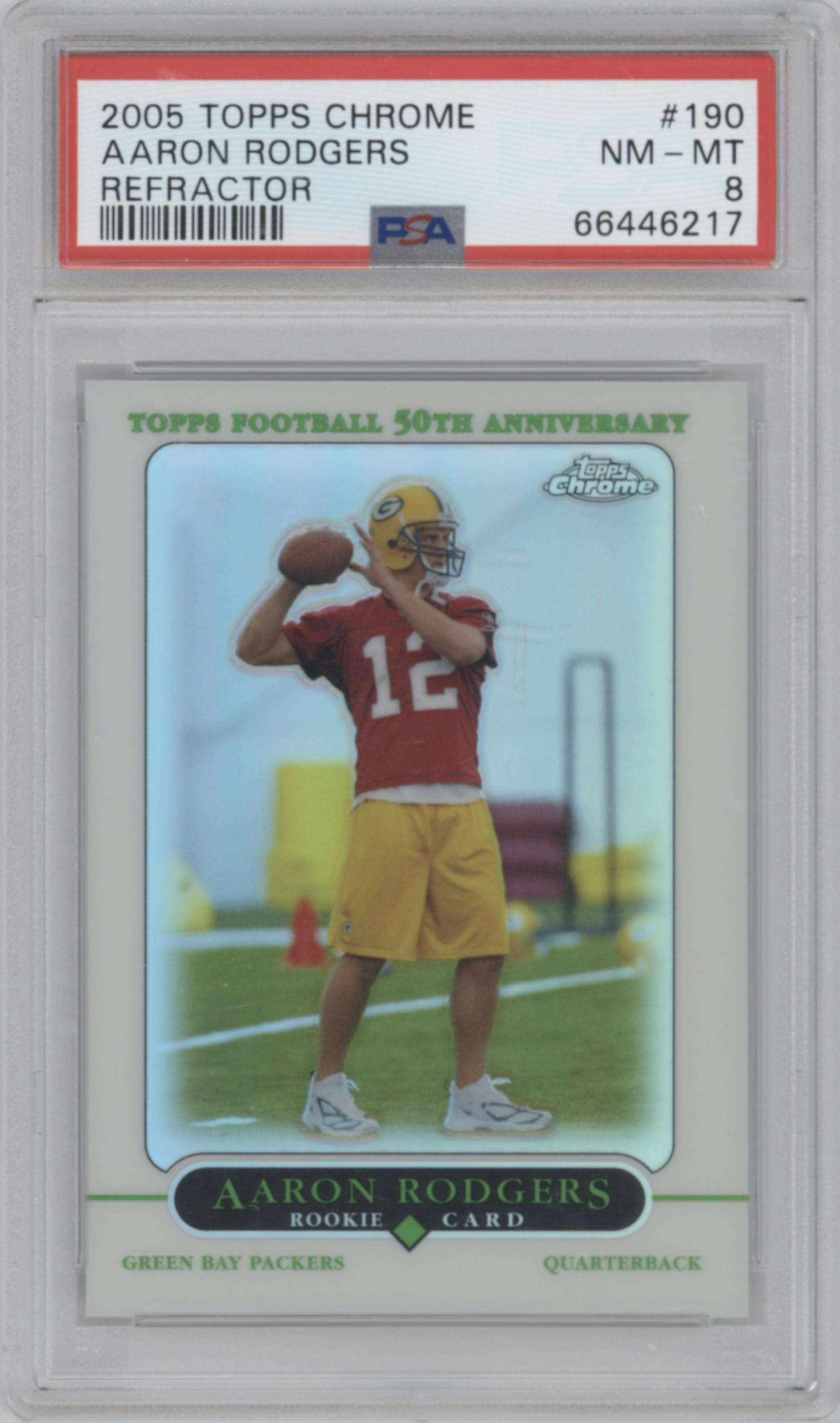 Aaron Rodgers  from the 2005 Topps Chrome set featuring a Refractor parallel graded by PSA and given an overall grade of 8.