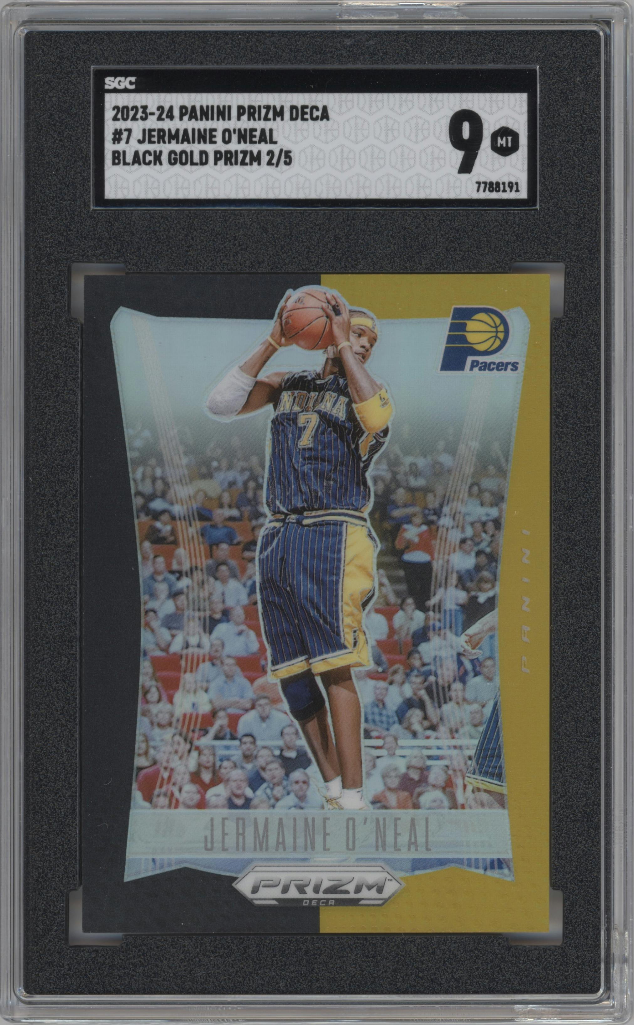 Jermaine O'Neal from the 2023-24 Panini Prizm Deca set featuring a Black Gold Prizm  parallel graded by SGC and given an overall grade of 9.