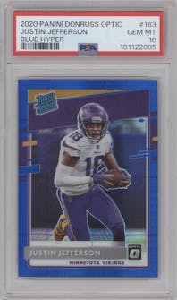 Justin Jefferson from the 2020 Panini Donruss Optic set featuring a Hyper Blue  parallel graded by PSA and given an overall grade of 10.