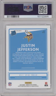 Justin Jefferson from the 2020 Panini Donruss Optic set featuring a Hyper Blue  parallel graded by PSA and given an overall grade of 10.