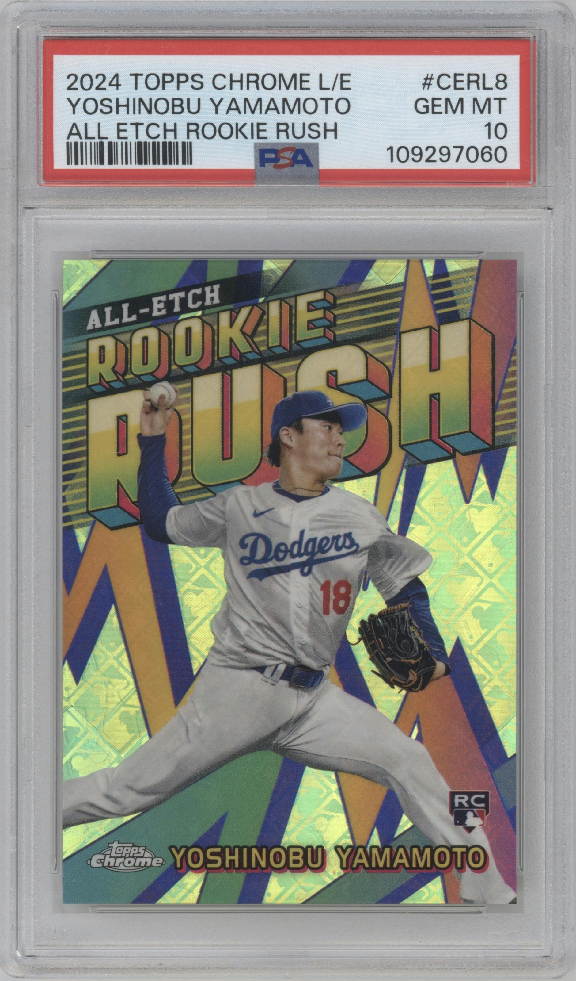 Yoshinobu Yamamoto from the 2024 Topps Chrome Logofractor set graded by PSA and given an overall grade of 10.