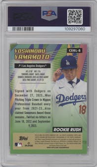 Yoshinobu Yamamoto from the 2024 Topps Chrome Logofractor set graded by PSA and given an overall grade of 10.