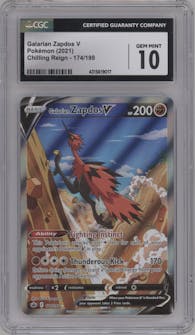 Galarian Zapdos V from the 2021 Pokemon SWSH set graded by CSG and given an overall grade of 10.