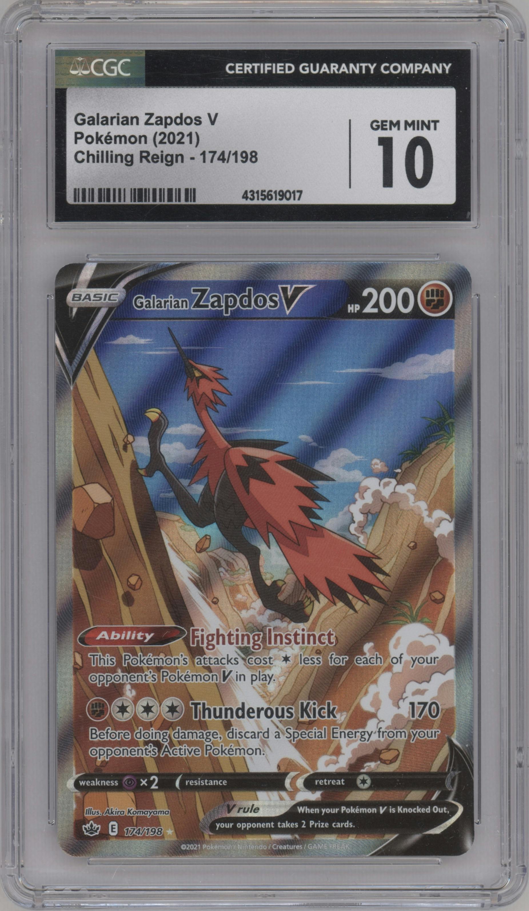 Galarian Zapdos V from the 2021 Pokemon SWSH set graded by CSG and given an overall grade of 10.