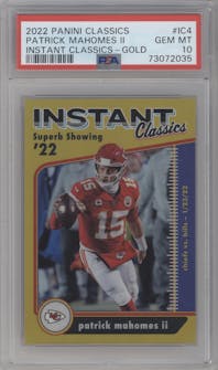 Patrick Mahomes II  from the 2022 Panini Classics set featuring a Gold parallel graded by PSA and given an overall grade of 10.