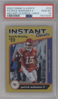 Patrick Mahomes II  from the 2022 Panini Classics set featuring a Gold parallel graded by PSA and given an overall grade of 10.