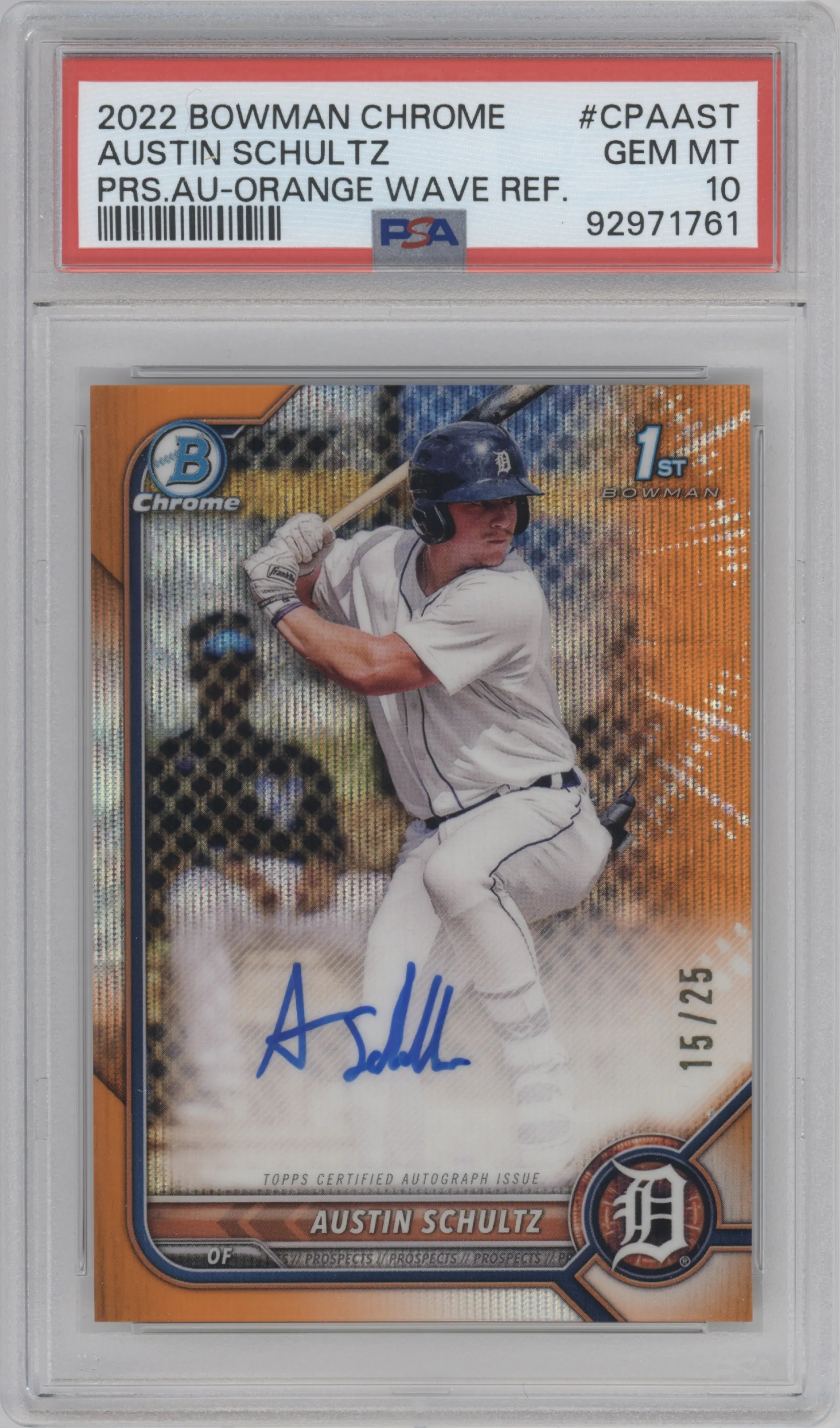 2022 Bowman Chrome Pros.Auto Austin Schultz Orange Wave Refractor PSA 10