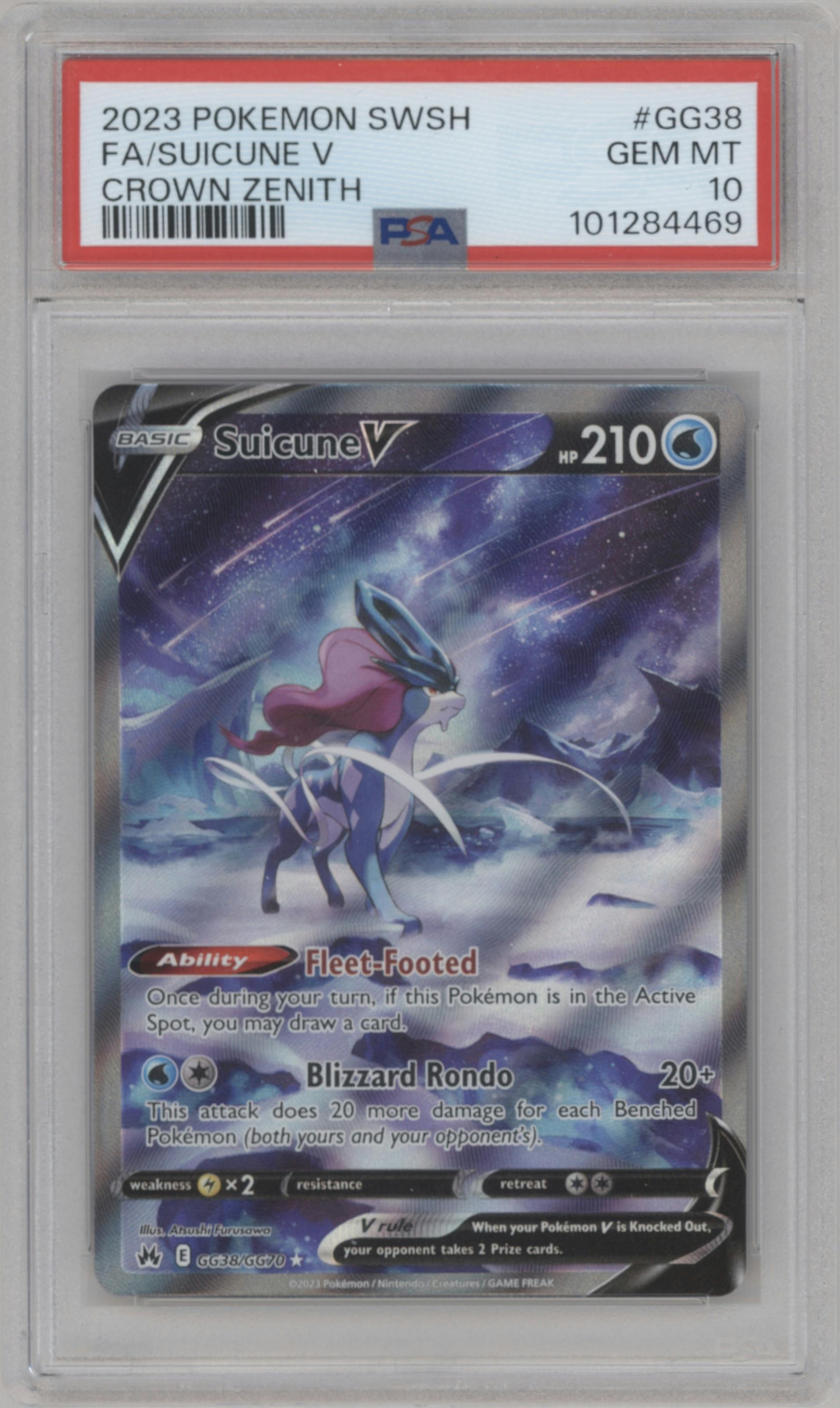 Suicune V from the 2023 Pokemon SWSH set graded by PSA and given an overall grade of 10.