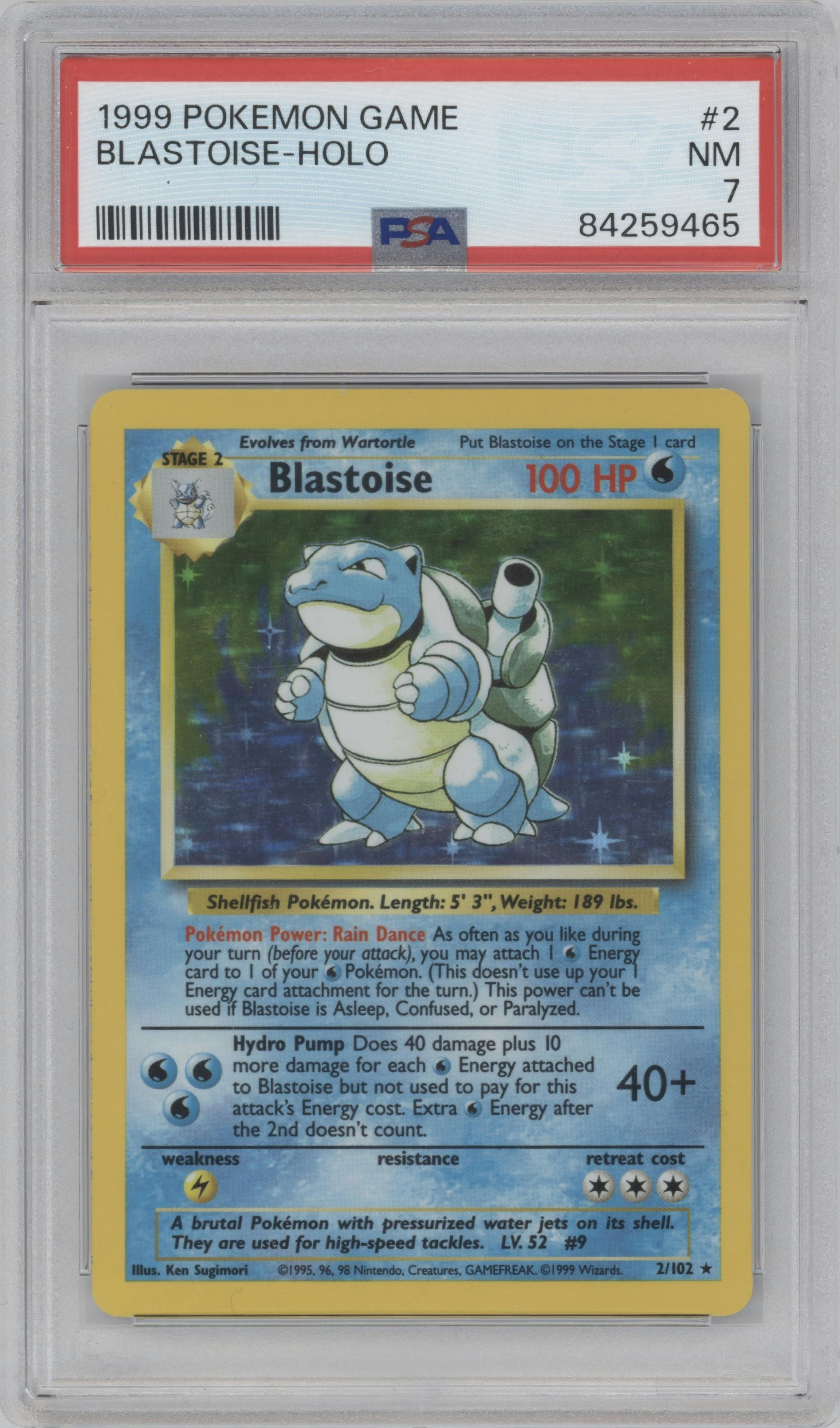 Blastoise from the 1999 Pokemon set graded by PSA and given an overall grade of 7.