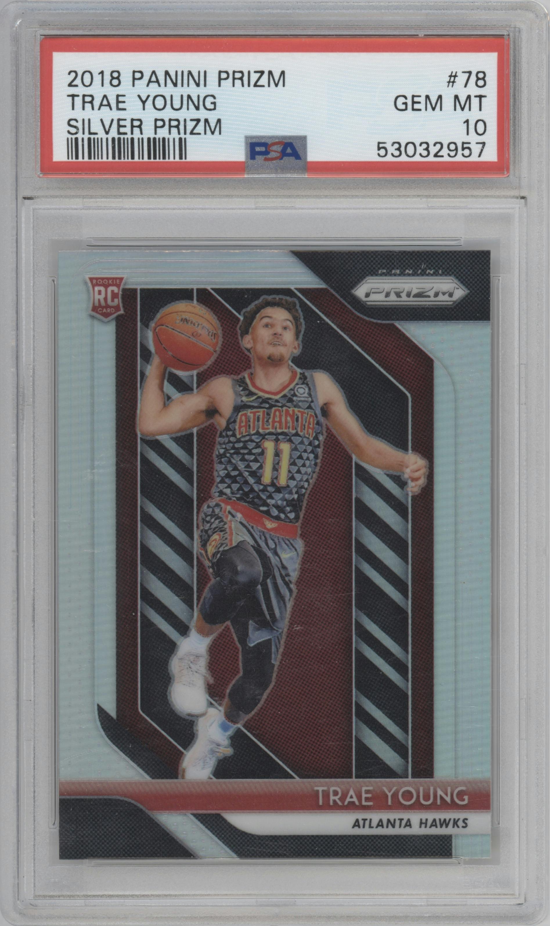 Trae Young from the 2018-19 Panini Prizm set featuring a Silver Prizm parallel graded by PSA and given an overall grade of 10.