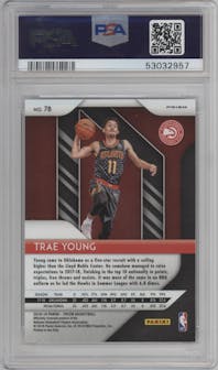 Trae Young from the 2018-19 Panini Prizm set featuring a Silver Prizm parallel graded by PSA and given an overall grade of 10.