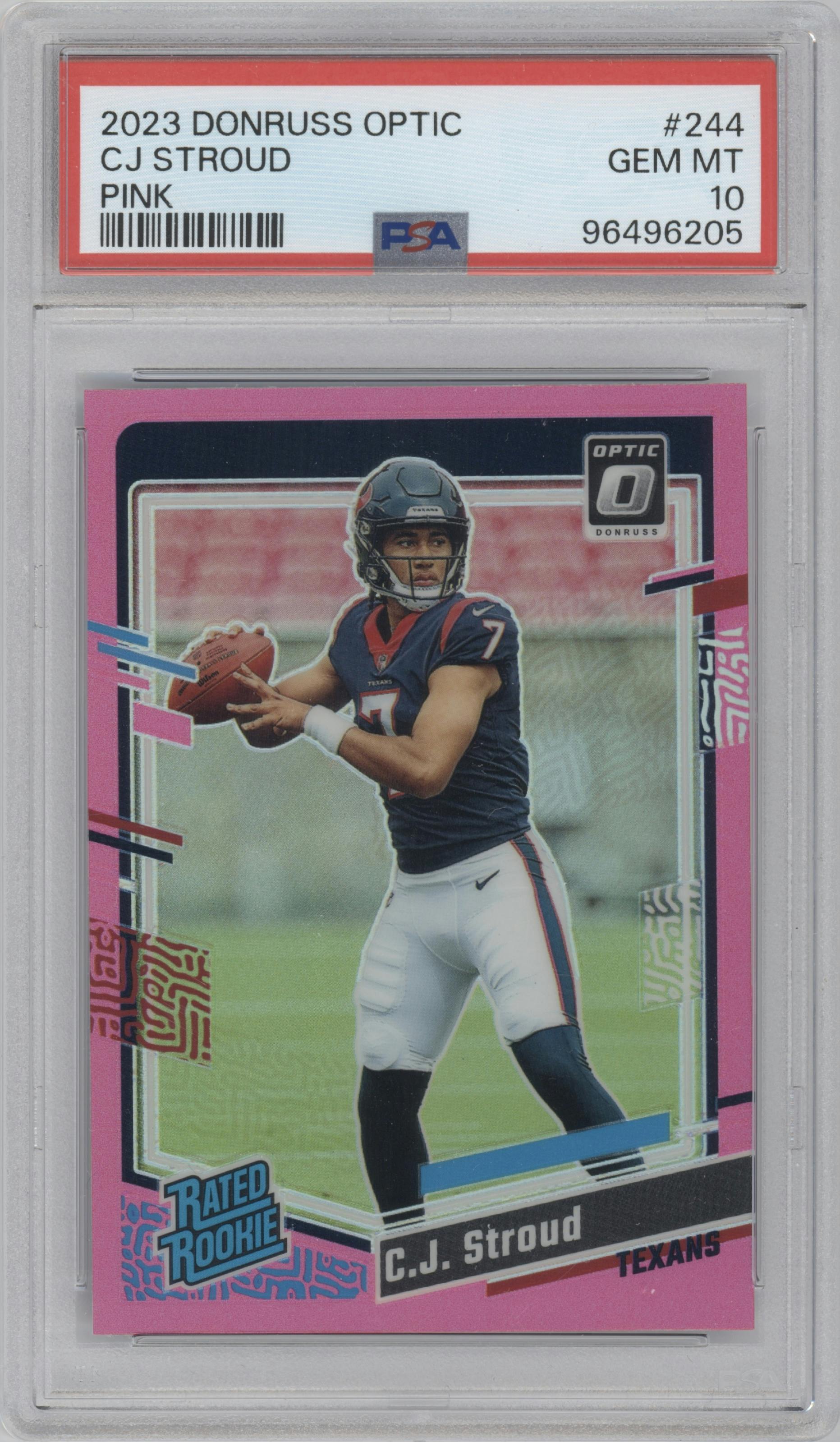 C.J. Stroud from the 2023 Donruss Optic set featuring a Pink parallel graded by PSA and given an overall grade of 10.