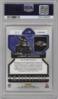 Lamar Jackson from the 2021 Panini Prizm set featuring a Green Shimmer parallel graded by PSA and given an overall grade of 10.