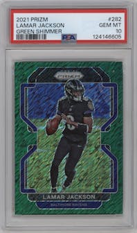Lamar Jackson from the 2021 Panini Prizm set featuring a Green Shimmer parallel graded by PSA and given an overall grade of 10.