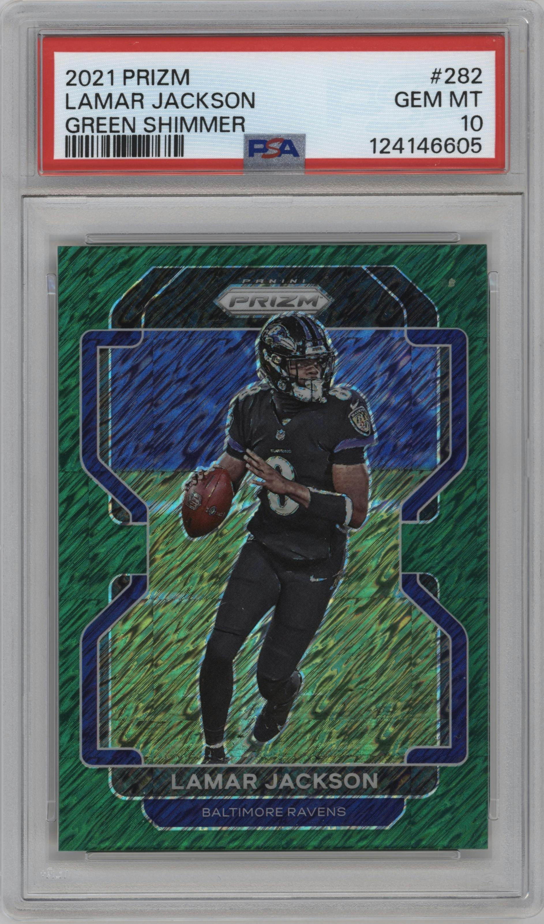 Lamar Jackson from the 2021 Panini Prizm set featuring a Green Shimmer parallel graded by PSA and given an overall grade of 10.
