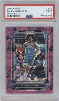 Jalen Williams from the 2022-23 Panini Prizm  set featuring a Purple Ice parallel graded by PSA and given an overall grade of 9.