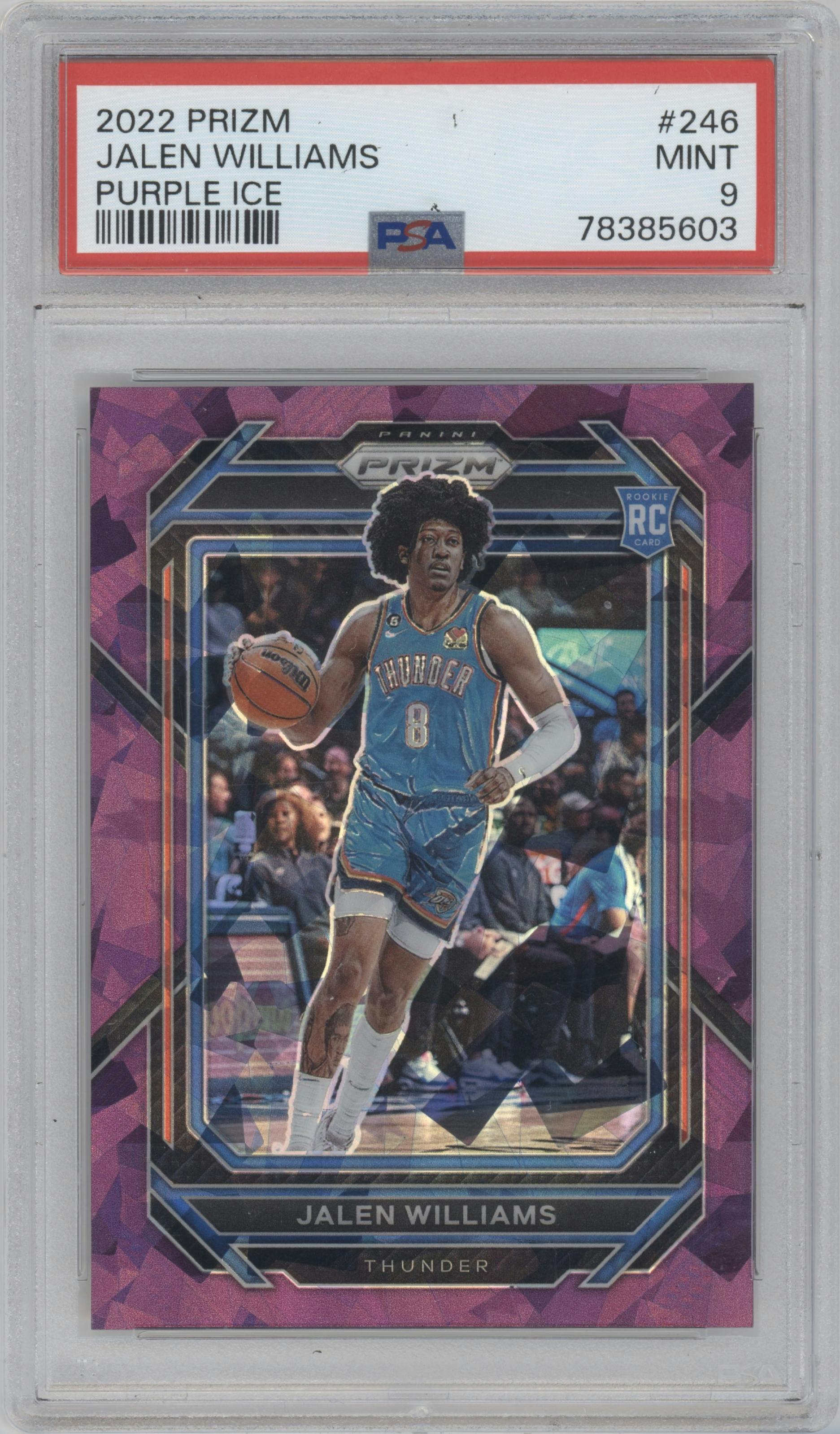 Jalen Williams from the 2022-23 Panini Prizm  set featuring a Purple Ice parallel graded by PSA and given an overall grade of 9.