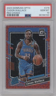 Cason Wallace from the 2023-24 Donruss Optic set featuring a Choice Red parallel graded by PSA and given an overall grade of 10.