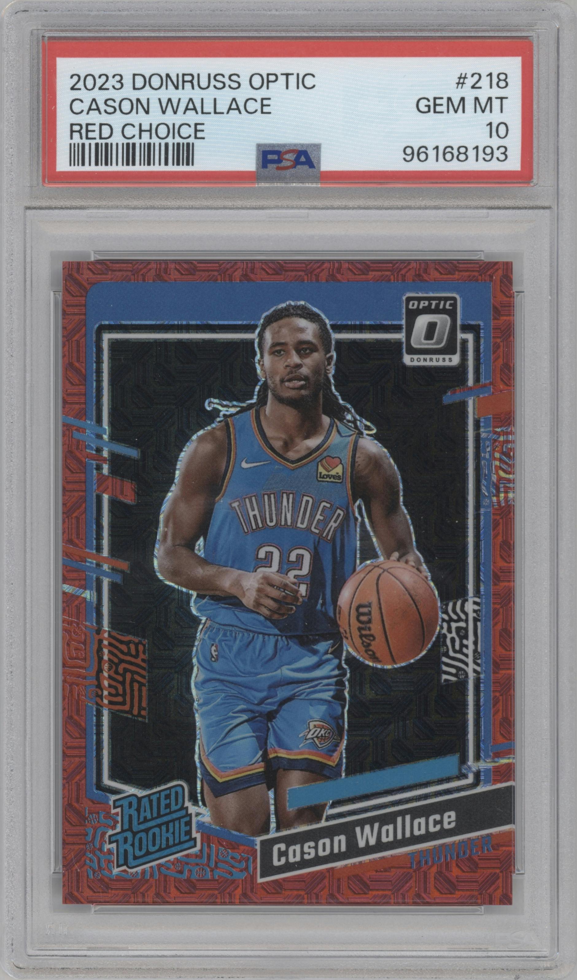 Cason Wallace from the 2023-24 Donruss Optic set featuring a Choice Red parallel graded by PSA and given an overall grade of 10.