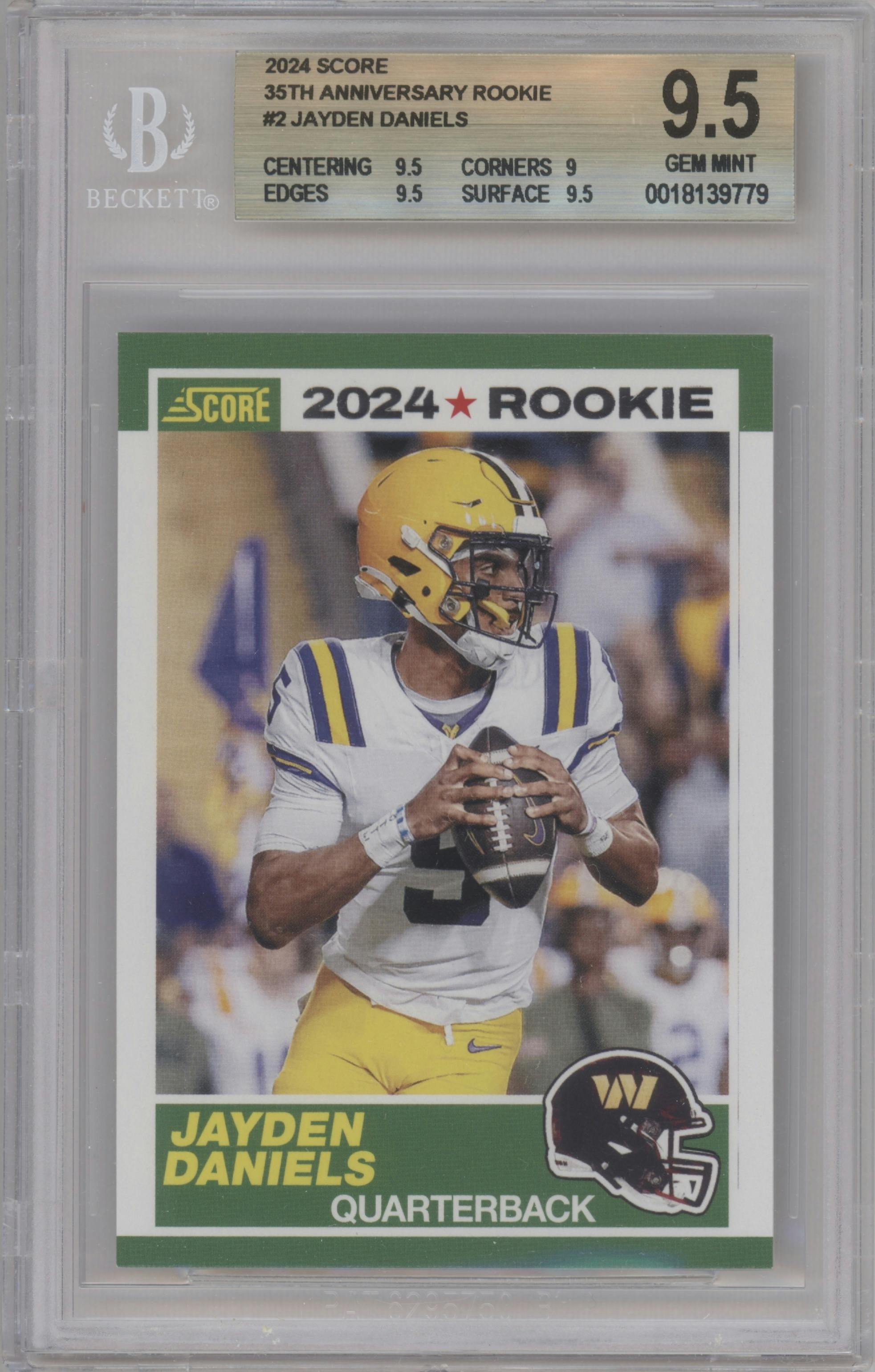 Jayden Daniels  from the 2024 Panini Score set graded by Beckett and given an overall grade of 9.5.