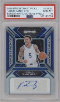 Paolo Banchero from the 2024 Panini Prizm Draft Picks set featuring a Blue parallel graded by PSA and given an overall grade of 10.