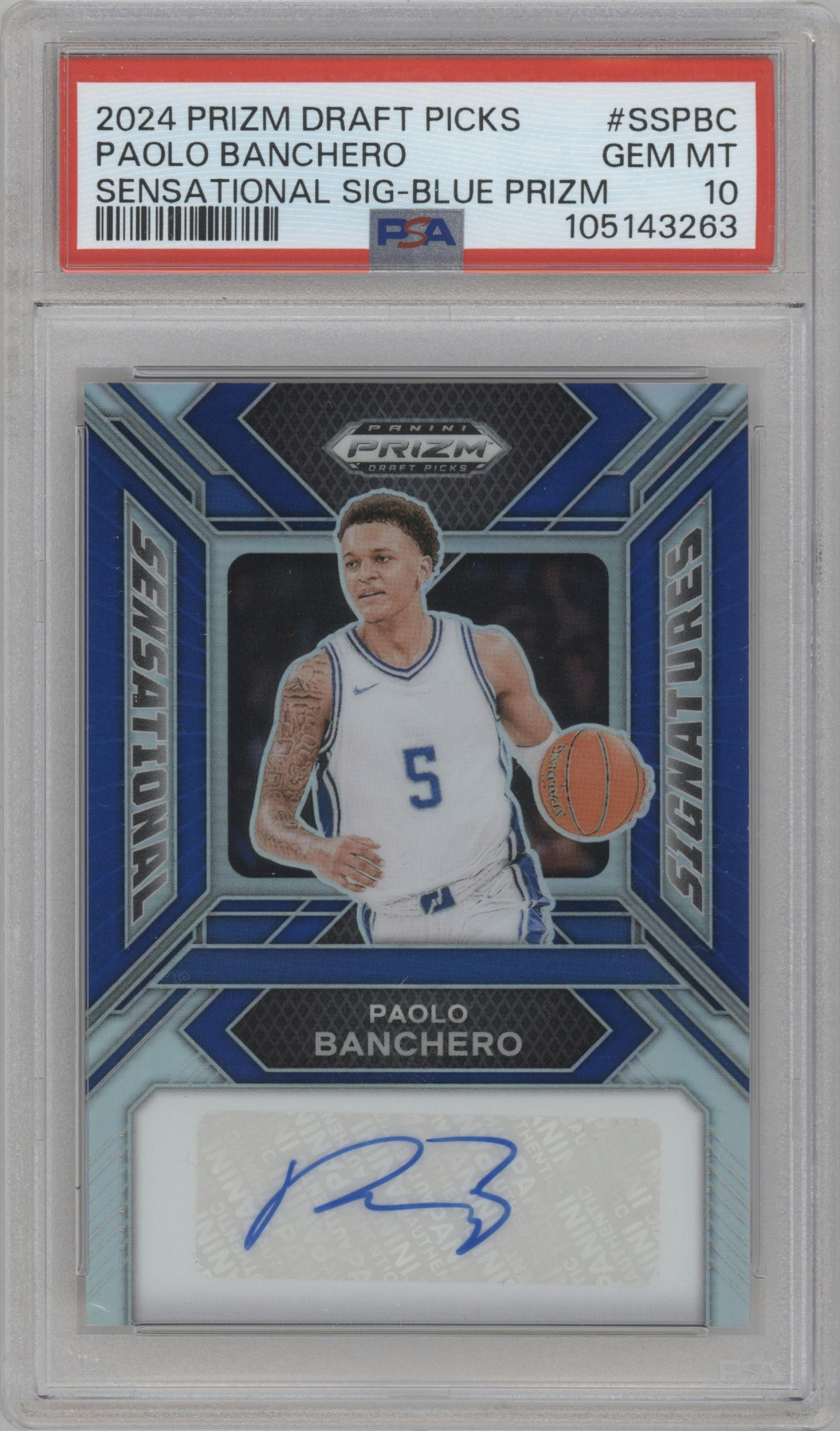 Paolo Banchero from the 2024 Panini Prizm Draft Picks set featuring a Blue parallel graded by PSA and given an overall grade of 10.