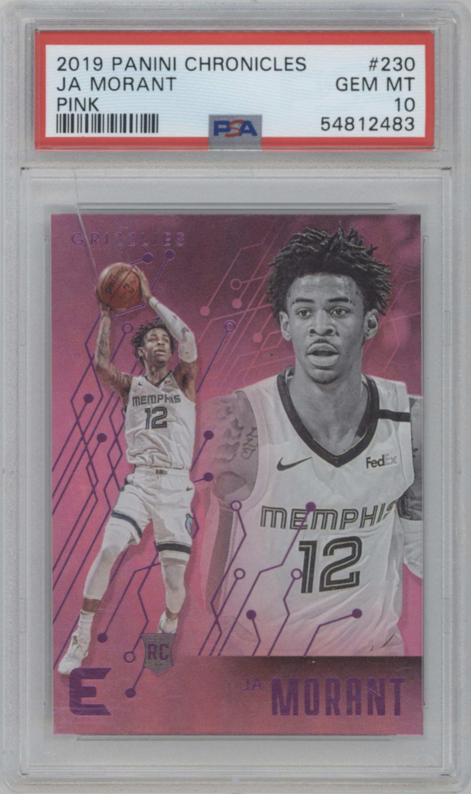 Ja Morant from the 2019-20 Panini Chronicles  set featuring a Pink parallel graded by PSA and given an overall grade of 10.