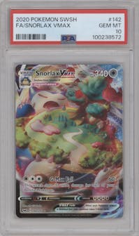 Snorlax VMAX from the 2020 Pokemon SWSH set graded by PSA and given an overall grade of 10.