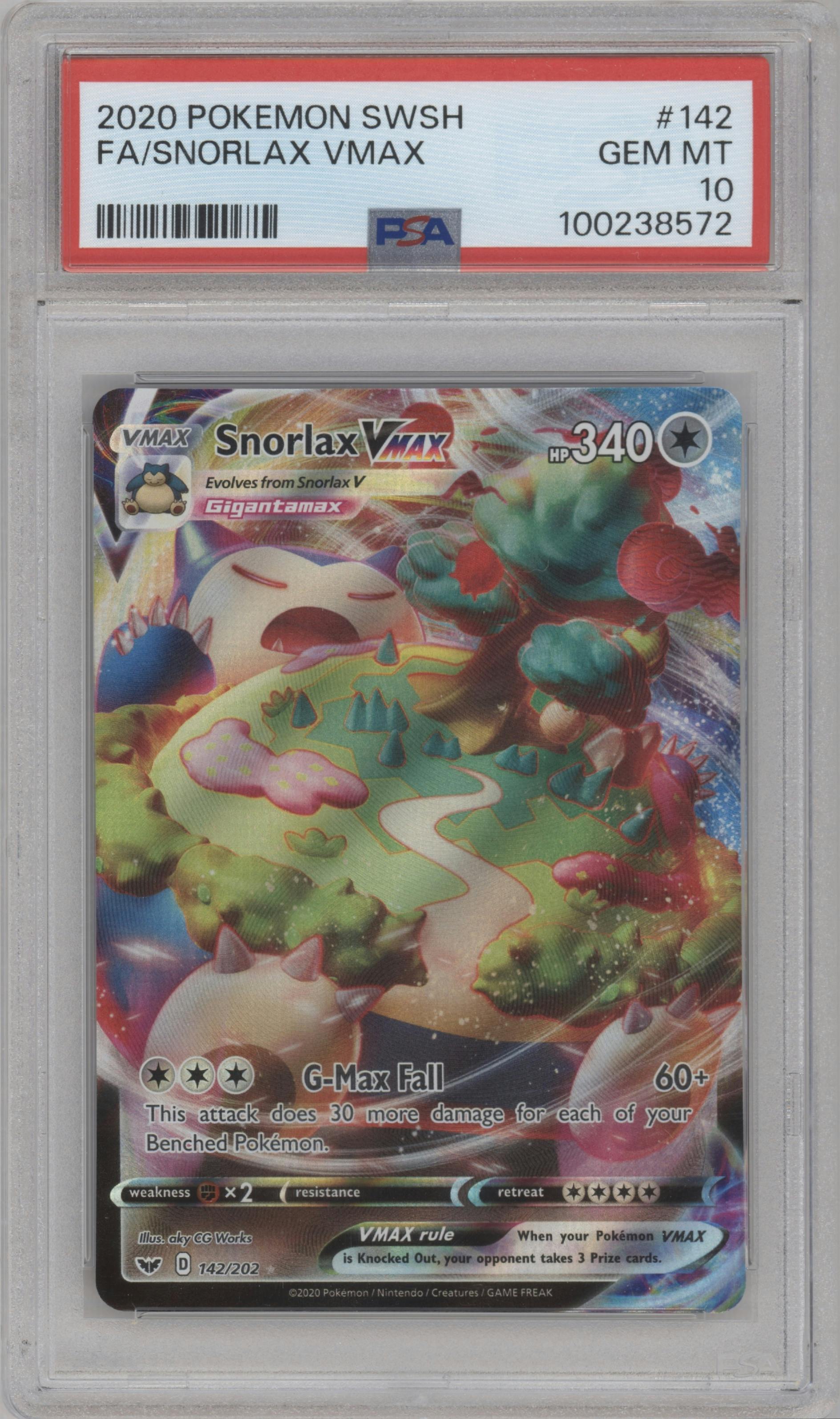 Snorlax VMAX from the 2020 Pokemon SWSH set graded by PSA and given an overall grade of 10.