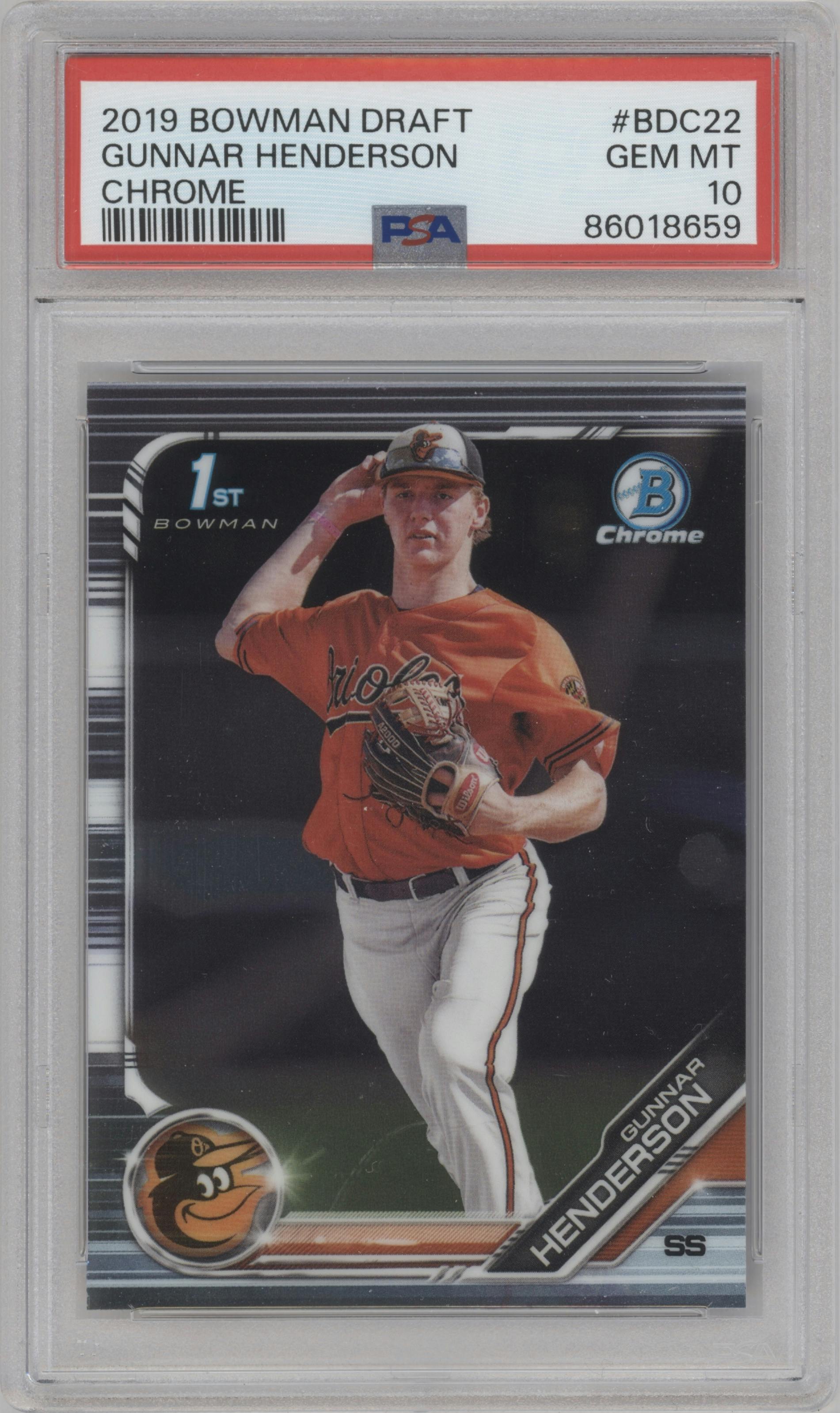 Gunnar Henderson from the 2019 Bowman Draft set graded by PSA and given an overall grade of 10.