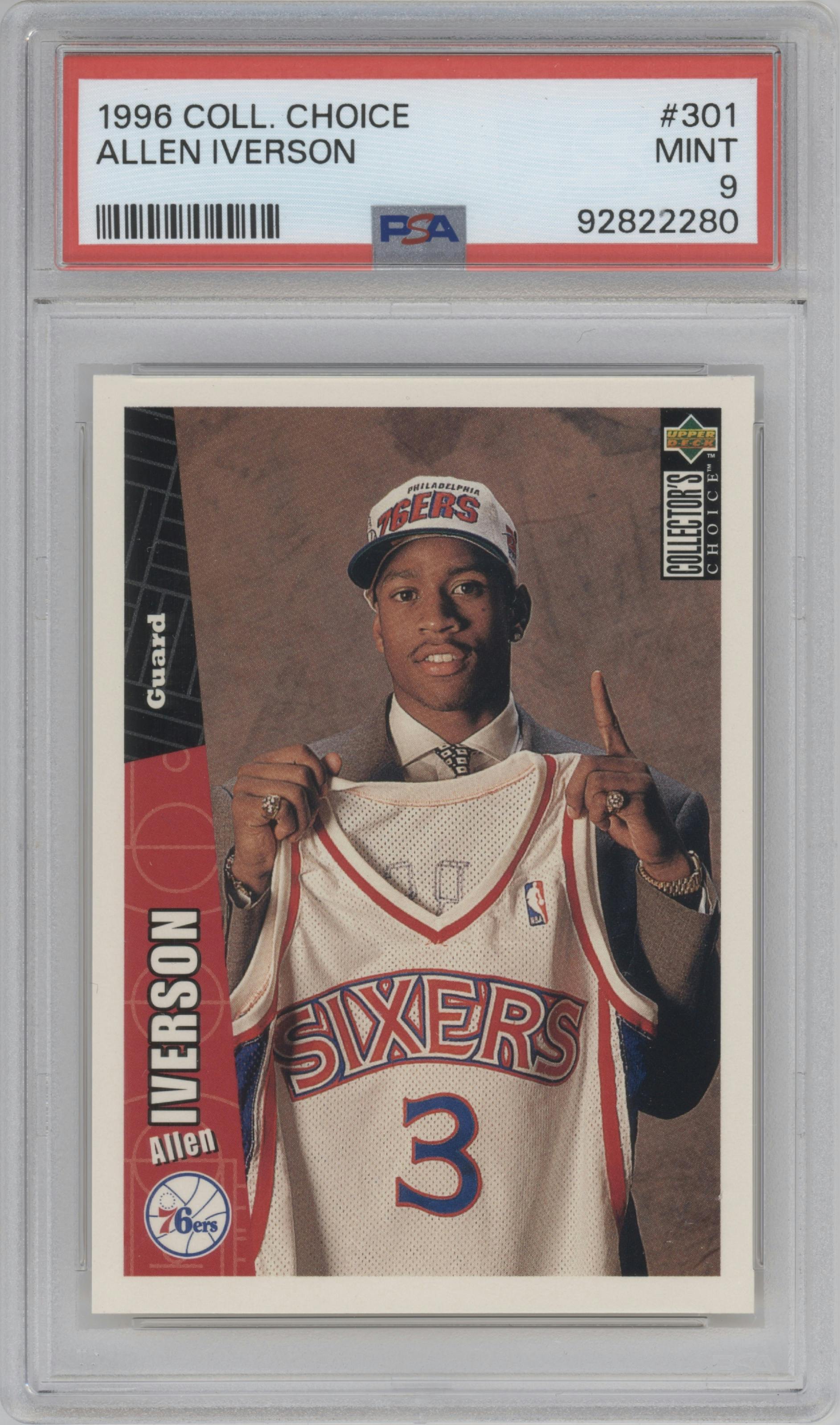 Allen Iverson from the 1996-97 Upper Deck Collector's Choice set graded by PSA and given an overall grade of 9.