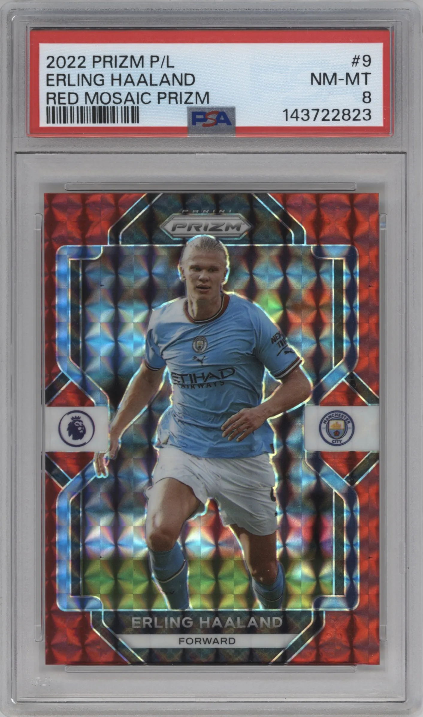 2022 Panini Prizm Premier League Erling Haaland Red Mosaic PSA 8