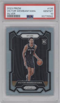Victor Wembanyama from the 2023-24 Panini Prizm set featuring a Silver Prizm  parallel graded by PSA and given an overall grade of 10.