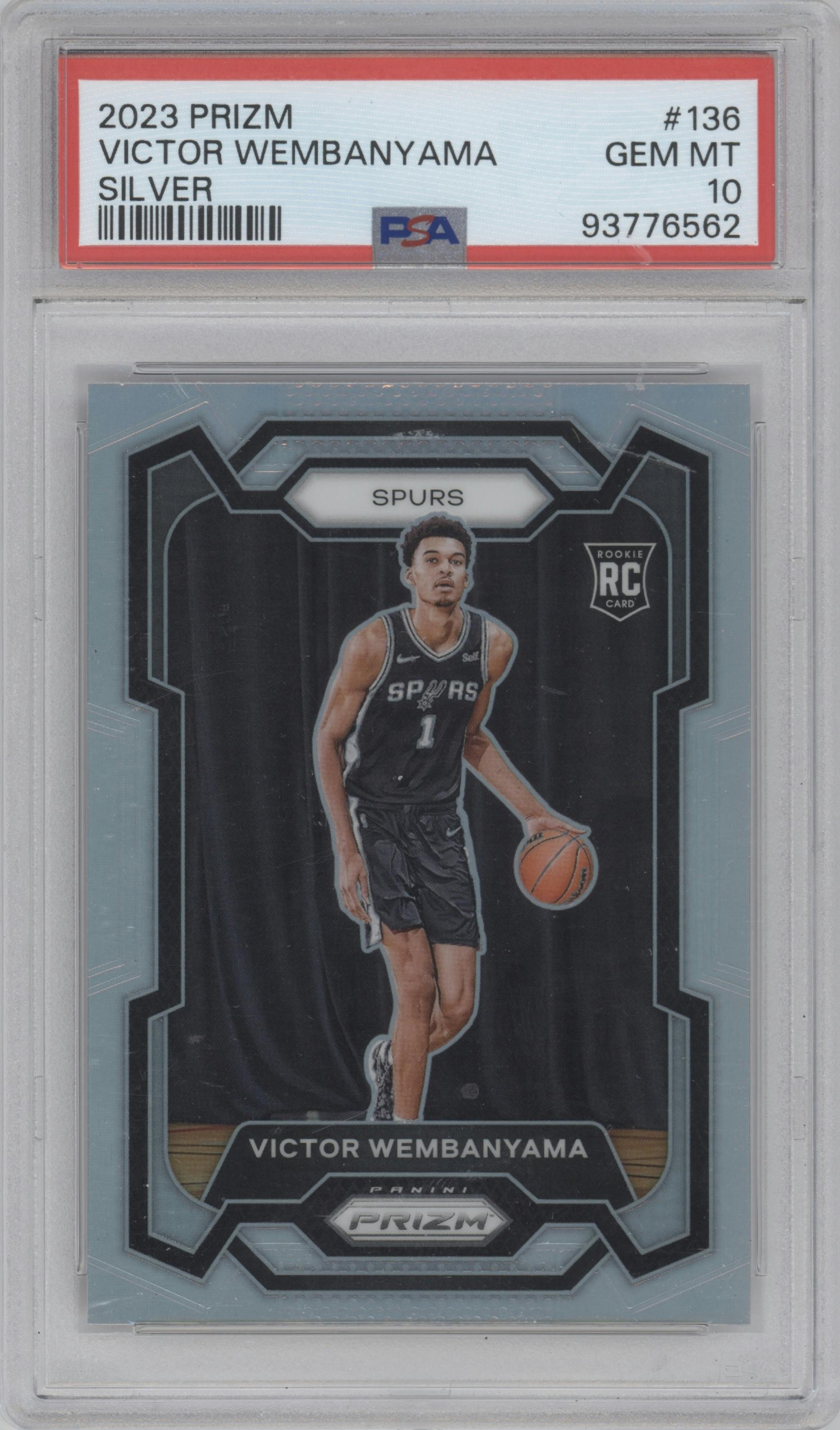Victor Wembanyama from the 2023-24 Panini Prizm set featuring a Silver Prizm  parallel graded by PSA and given an overall grade of 10.