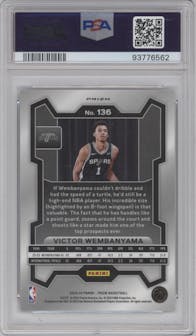 Victor Wembanyama from the 2023-24 Panini Prizm set featuring a Silver Prizm  parallel graded by PSA and given an overall grade of 10.