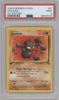 Geodude from the 1999 Pokemon set graded by PSA and given an overall grade of 9.