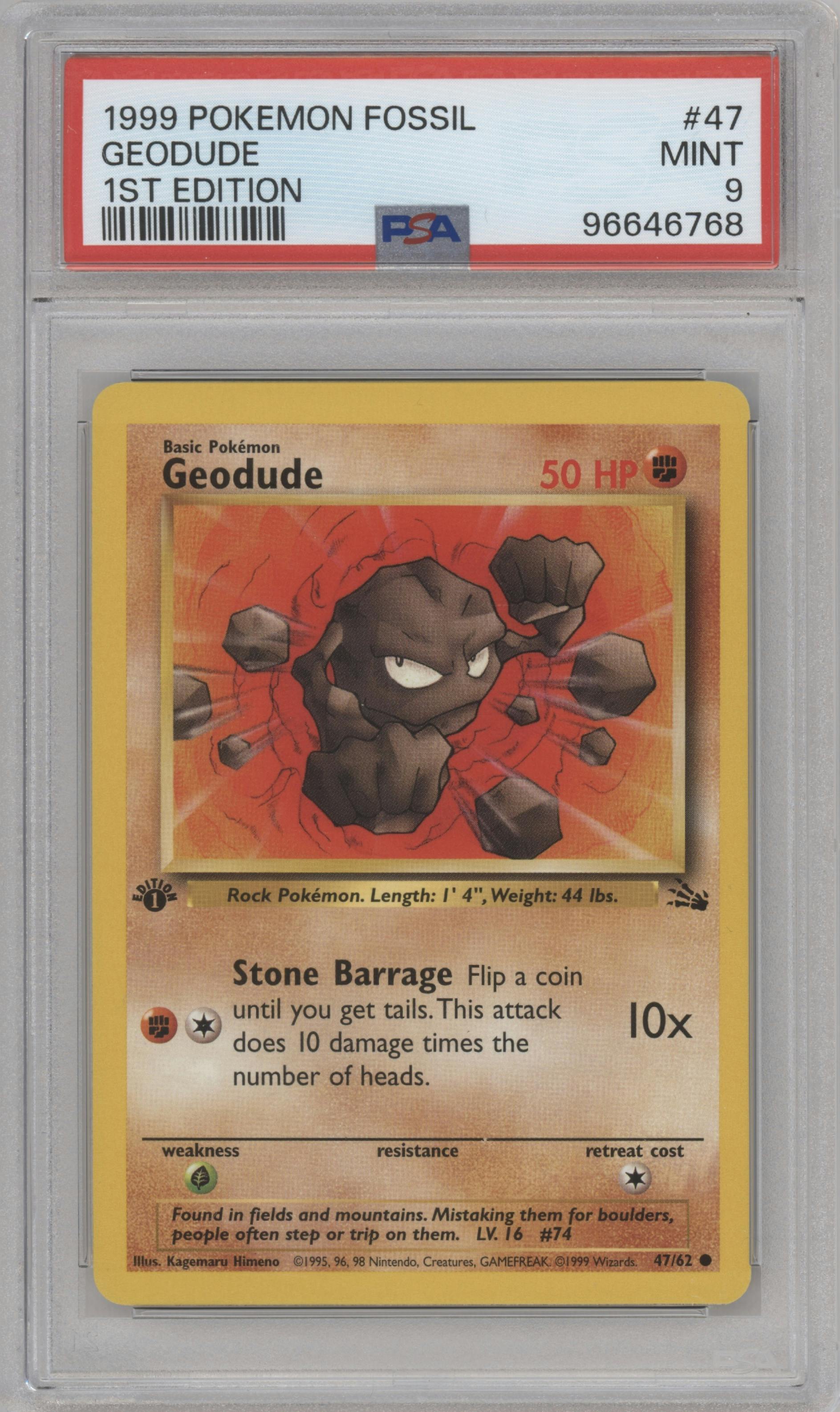 Geodude from the 1999 Pokemon set graded by PSA and given an overall grade of 9.