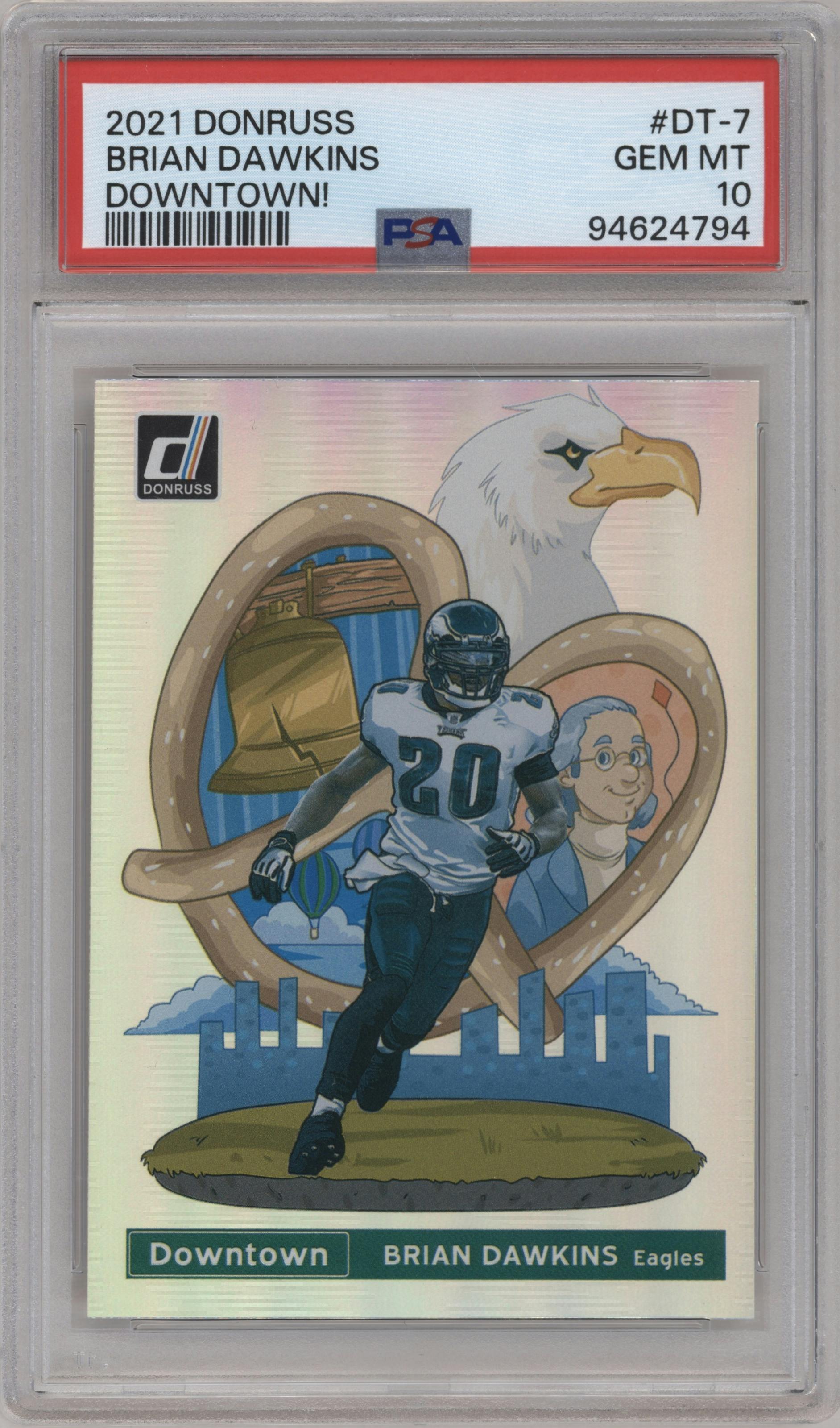 Brian Dawkins from the 2021 Panini Donruss set graded by PSA and given an overall grade of 10.