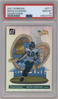 Brian Dawkins from the 2021 Panini Donruss set graded by PSA and given an overall grade of 10.