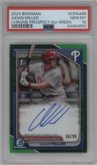 Aidan Miller from the 2024 Bowman set featuring a Green Refractor parallel graded by PSA and given an overall grade of 10.