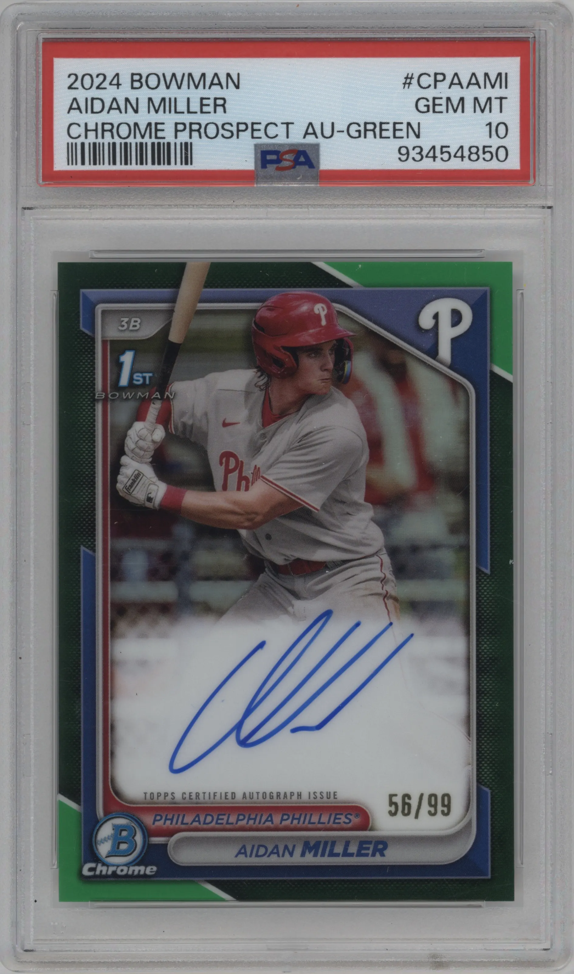 Aidan Miller from the 2024 Bowman set featuring a Green Refractor parallel graded by PSA and given an overall grade of 10.