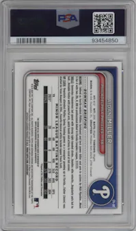 Aidan Miller from the 2024 Bowman set featuring a Green Refractor parallel graded by PSA and given an overall grade of 10.