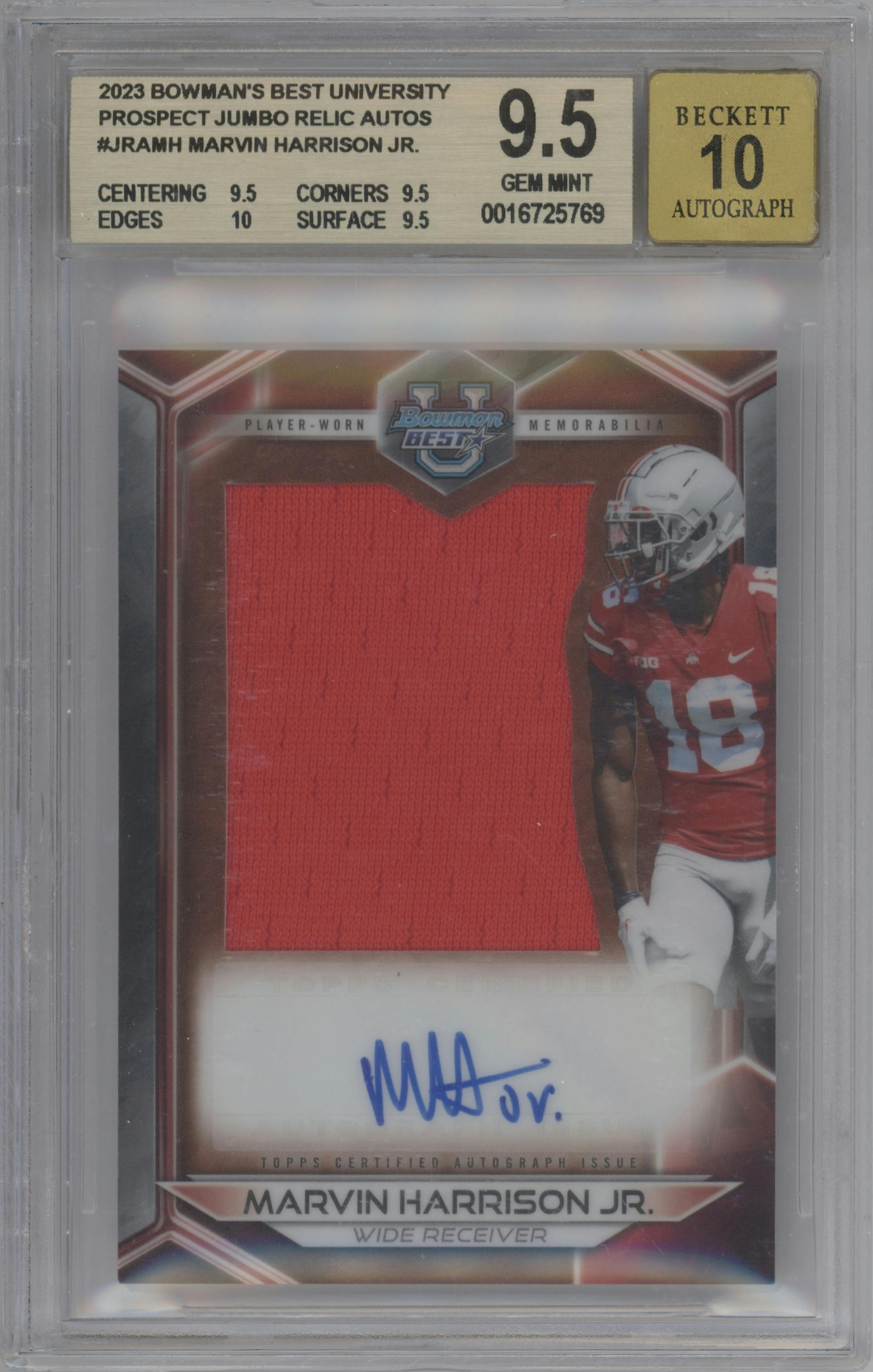 Marvin Harrison Jr. from the 2023 Bowman University's Best  set graded by Beckett and given an overall grade of 9.5.