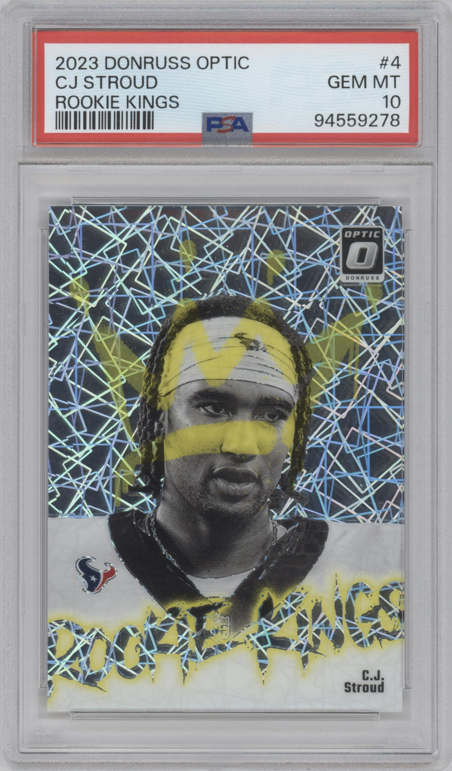 C.J. Stroud from the 2023 Donruss Optic set graded by PSA and given an overall grade of 10.