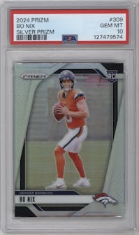 Bo Nix from the 2024 Panini Prizm set featuring a Silver Prizm parallel graded by PSA and given an overall grade of 10.