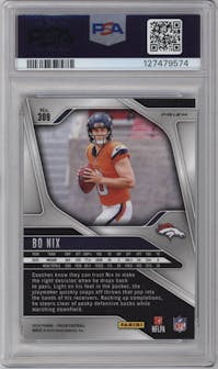 Bo Nix from the 2024 Panini Prizm set featuring a Silver Prizm parallel graded by PSA and given an overall grade of 10.