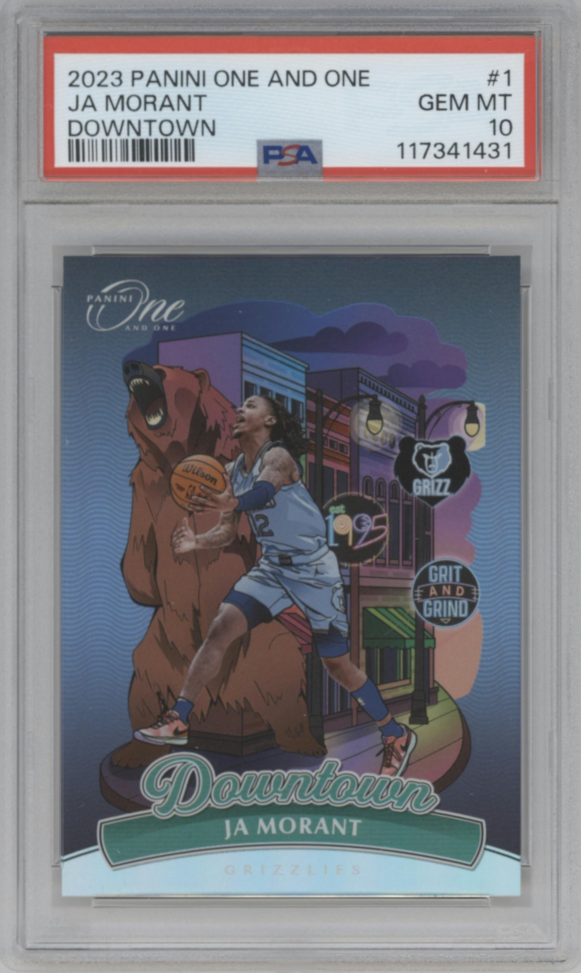 Ja Morant from the 2023-24 Panini One and One set graded by PSA and given an overall grade of 10.