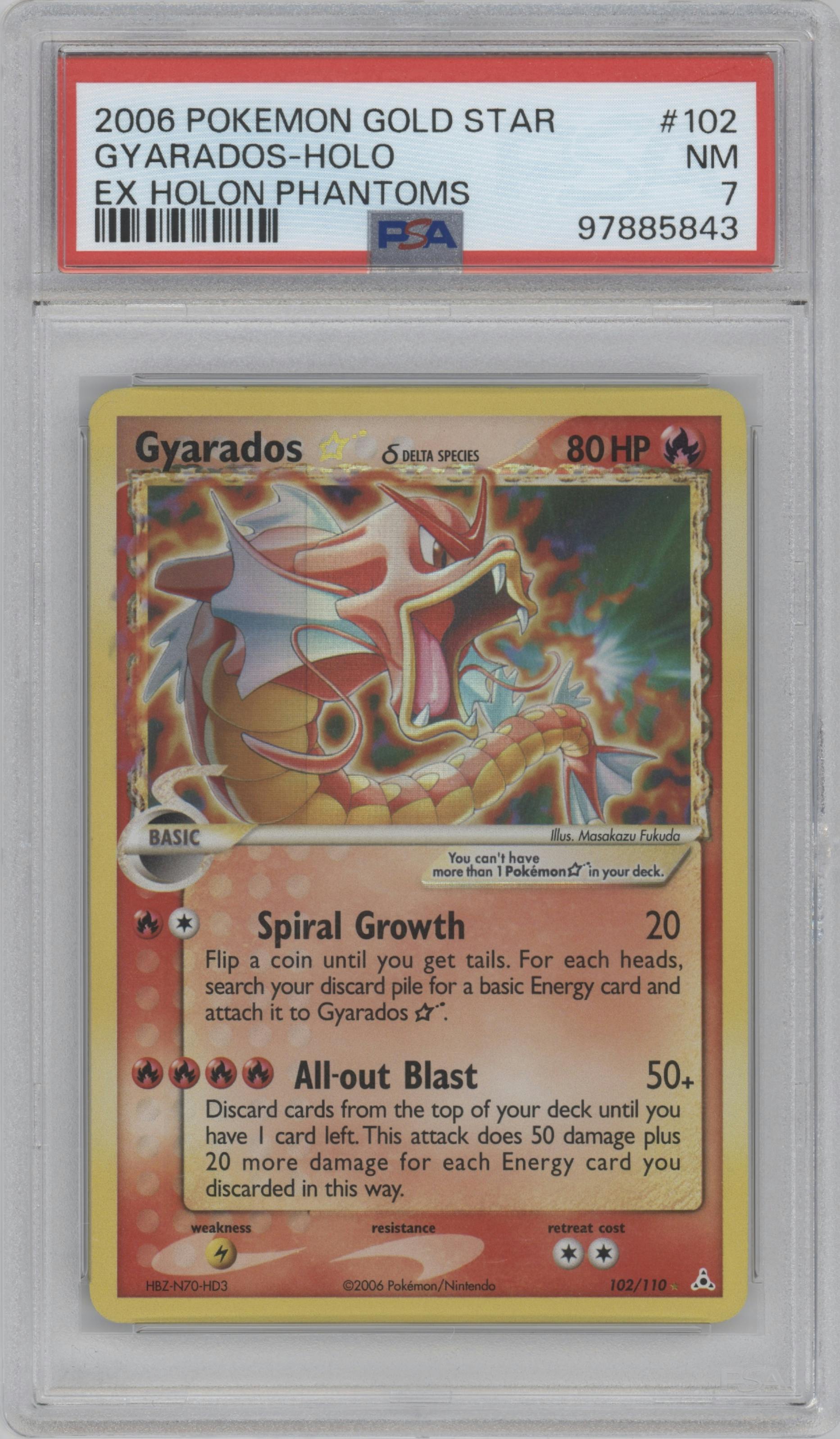 Gyarados Gold Star  from the 2006 Pokemon EX set graded by PSA and given an overall grade of 7.